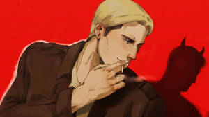 Blonde man smoking cigarette with devil shadow on red wall.