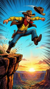Lucky Luke utfører et dristig stunt og hopper opp på hesten sin