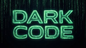 Glødende 'DARK CODE'-tekst på svart bakgrunn med matriseaktig fallende kode