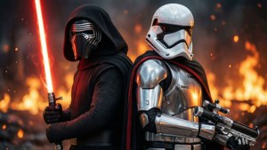 Kylo Ren ja kapteeni Phasma seisovat seläkkäin tulisen ympäristön keskellä.