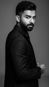 Monokromt portrett av Virat Kohli i svart dress.