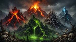 Dunkle Fantasy Nebelhügel der Fünf Elemente, verwandelt in eine höllische Elementarlandschaft