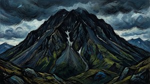 Wallpaper lanskap gunung gelap yang terinspirasi dari Marsden Hartley