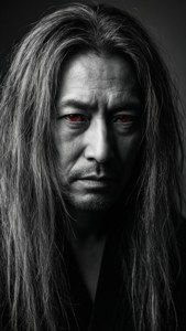 Um retrato sombrio de Ohma Tokita com olhos intensos.