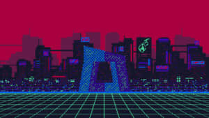 Neon-lit pixel city skyline with glowing signs and grid floor under red sky.