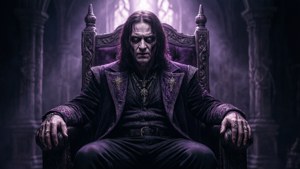 Rey Za Burrel på en trone, ondskabsfuld aura