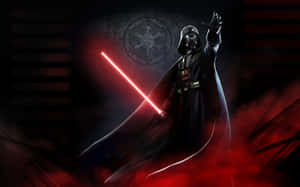 Darth Vader holder et rødt lyssværd med det kejserlige emblem bag sig. — Darth Vader Baggrunde