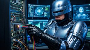 Roboter-Vollstrecker verbindet Kabel in einem Serverraum mit glühenden Bildschirmen.