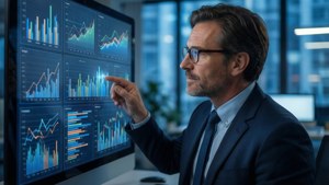 Businessman in glasses analyzing charts on a digital screen in a modern office with blue light.
