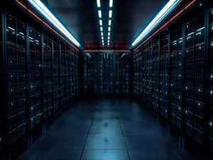 Long server room corridor with glowing blue and red lights on racks. — Data Wallpaper