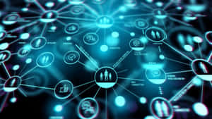 Rede digital de ícones azuis brilhantes de mídias sociais conectados por linhas. — Data Science Papéis de Parede