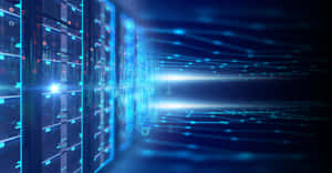 Futuristic data center with glowing servers and digital data streams flowing through a hallway. — Data Wallpaper