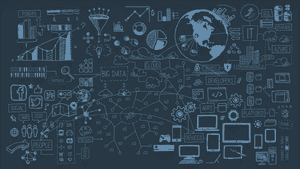 Blue line art doodle map of global digital technology concepts and tools.