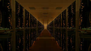 Lång korridor med serverrack och glödande lampor i ett datacenter. — Data Bilder