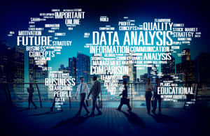 Businesspeople walking on a rooftop deck with glowing city skyline and floating business keywords. — Data Wallpaper