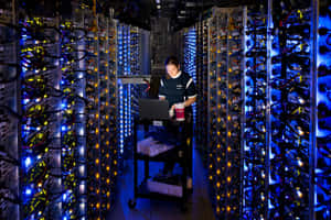 Technician using laptop between glowing server racks in data center. — Data Wallpaper