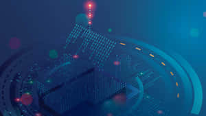 Futuristisk digital data flyter över glödande blått tekniskt gränssnitt med neonaccenter. — Data Bilder