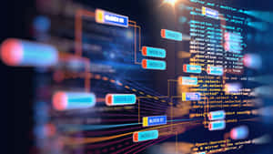 Glowing digital nodes and code lines floating in a dark futuristic space. — Data Wallpaper