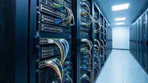 Symmetrisk bilde av stablede nettverkssvitsjer i et moderne datasenter