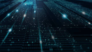 Griglia digitale futuristica con flussi di dati blu luminosi e particelle.