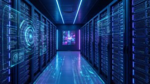 Et cyberpunk-bakgrunnsbilde av et neonbelyst serverrom med holografiske sikkerhetsnett, som representerer datasikkerhet.