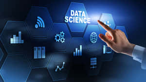 Hand selecting data science icon on a glowing digital hex grid.