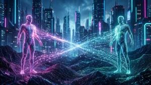 Two glowing human-like figures exchanging data streams in a neon cityscape at night