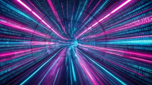 Terowongan neon tak terbatas dengan aliran data dan kode biner