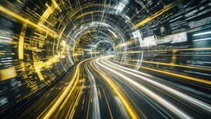 En höghastighetsresa genom en cyberspace-tunnel av ljus och data.
