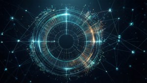 Latar belakang gelap dengan visualisasi data melingkar besar dengan node berdenyut dan garis penghubung.
