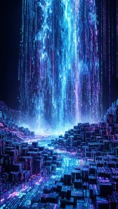 Lanskap digital abstrak dari blok data mengalir dalam biru dan ungu