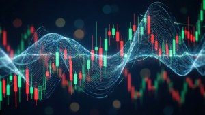 Digital databølge med aksjemarkedsgraf og lysestaker for finansielle analysebakgrunner.