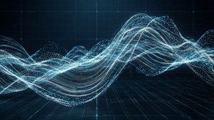En abstrakt 3D-databølgevisualisering med glødende linjer og partikler