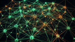 A wallpaper showing a glowing network of data nodes and connections in neon green and orange.