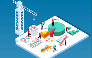 Workers constructing a data visualization dashboard with charts and a crane. — Database Wallpaper
