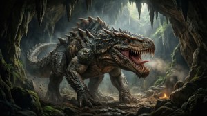 A massive rancor roaring as it emerges from a cave on Dathomir.