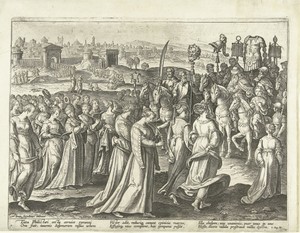 Davids triomf by Adriaen Collaert, created 1587 - 1591, in paper; engraving. Download this artwork as a high-resolution wallpaper for desktop, tablet, or mobile — Adriaen Collaert Wallpaper