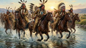 En dynamisk Frederic Remington-scene av indianerkrigere som krysser en elv ved daggry.