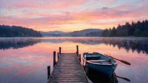Ruhige Seeszene mit Steg und Ruderboot bei Sonnenaufgang im Rau-Stil.