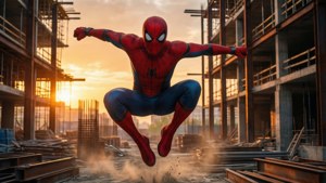 Spider-Man salta através de um canteiro de obras ao nascer do sol.