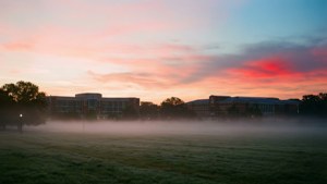 Pemandangan fajar yang tenang di kampus Louisiana Tech dengan kabut dan langit merah muda lembut