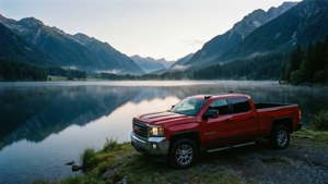 Un GMC Sierra rouge se tient près d'un lac avec un reflet parfait de la montagne à l'aube.