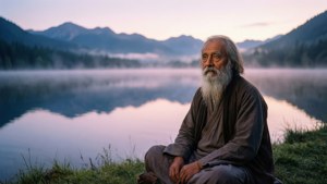 Osho di tepi danau yang tenang saat fajar, wallpaper yang damai