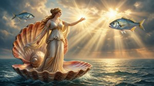 Aphrodite hilser daggryet med sine fisk.