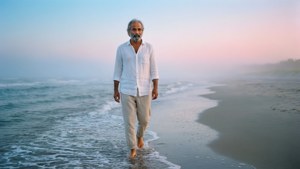 Danish Jain marchant pieds nus sur une plage brumeuse à l'aube avec un ciel pastel et de douces vagues