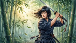 Sanemi training in a bamboo forest at dawn with soft morning light.