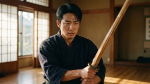 Fokuseret træningsscene af Jin Mu-Won i en dojo ved daggry