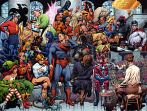 Grupo de superhéroes de la Justice Society of America con disfraces coloridos reunidos en un gran salón. — Mahakal HD Fondos de pantalla