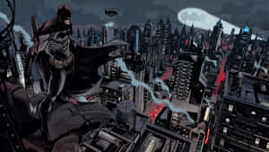 Batman on a rooftop surveying a dark city at night with glowing bat symbol in sky.
