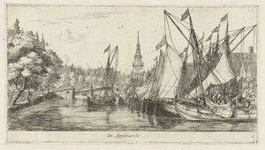 De Appelmarkt by Reinier Zeeman, created 1657 - 1670, in paper; etching. Download this artwork as a high-resolution wallpaper for desktop, tablet, or mobile. — Travel Wallpaper